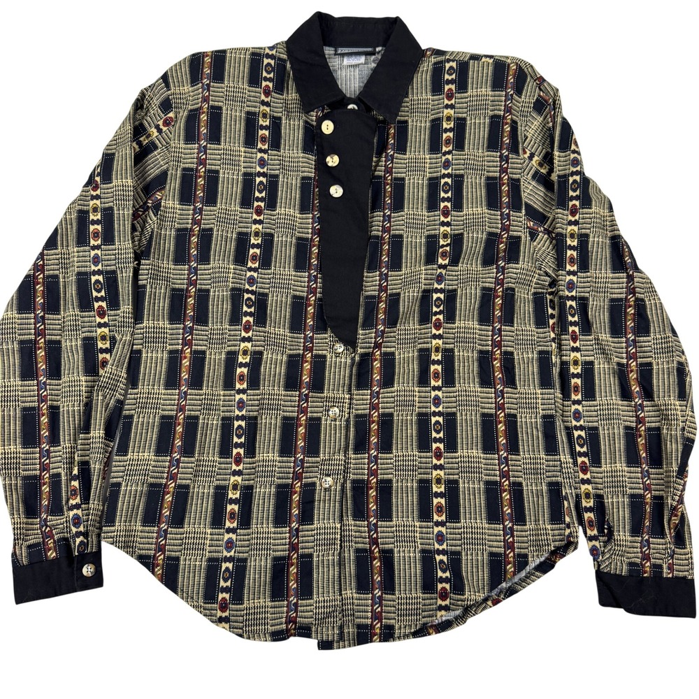 Roughrider by Circle T Women's Medium Black Plaid Geometric Western Cotton Shirt